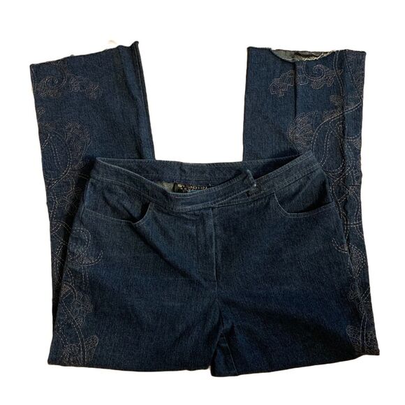 St. John Couture Jeans Sz 12 Wide Leg Raw Hem Embroidered Preppy Cropped Casual - Picture 4 of 8